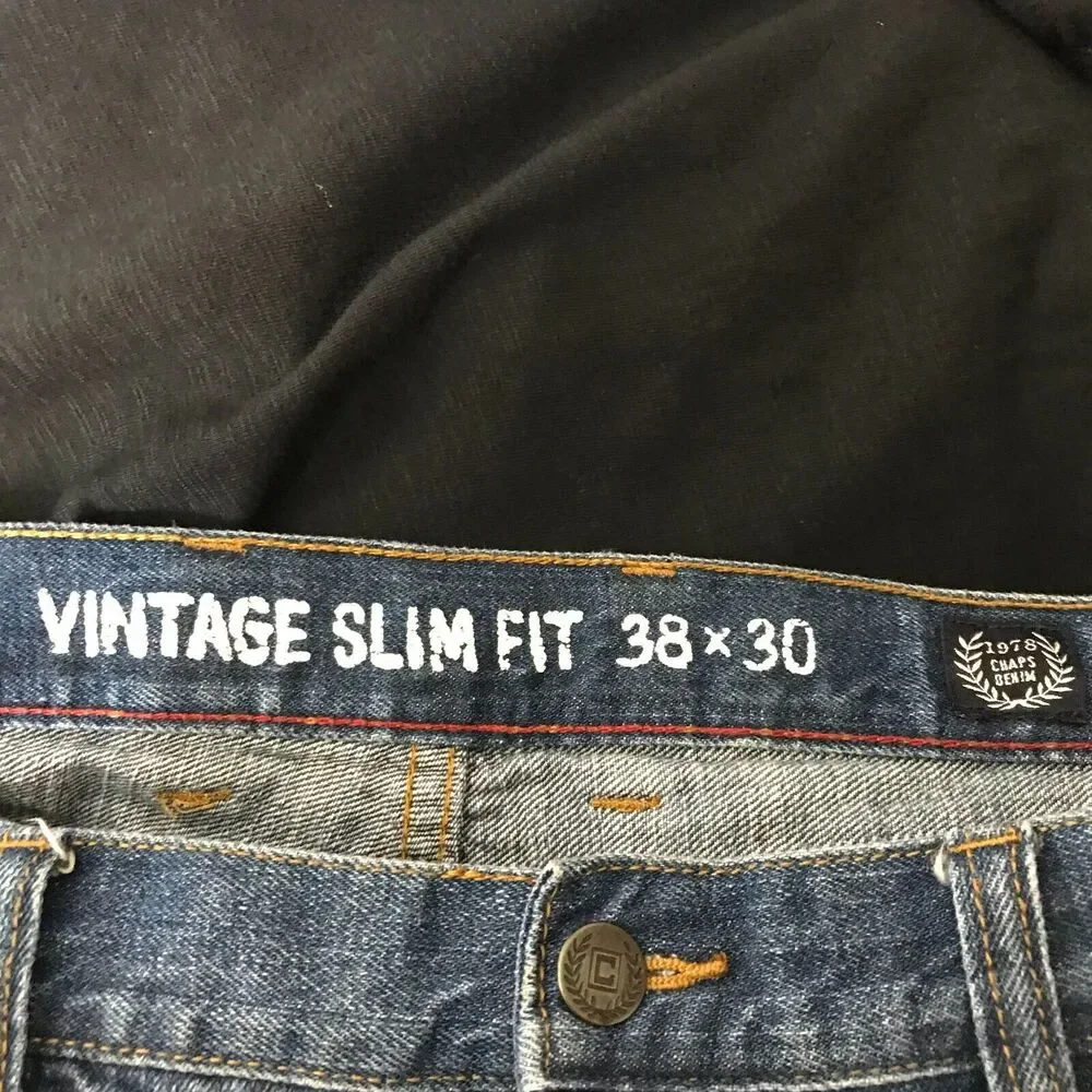 Chaps Denim Vintage Slim Fit Mens 38*30 Blue 100% Cotton Pockets Flat Front